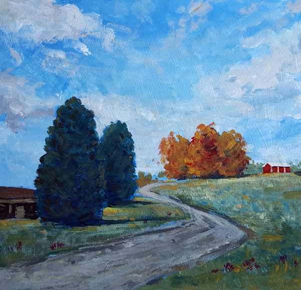 Oil landscape painting of colorful autumn Ohio farm