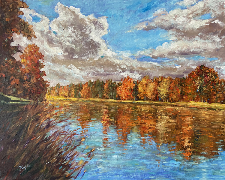 Fall lakeside landscape painting