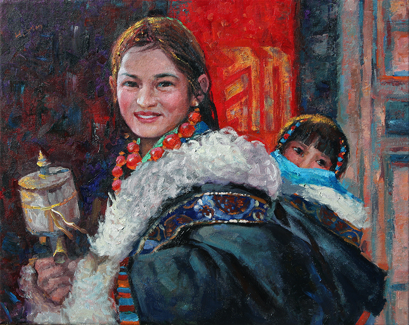 Oil painting Tibetan mother and child in Buddhist temple