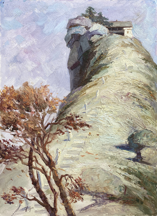 Oil landscape painting of a peaceful mountain top