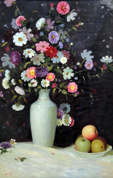 Oil still-life painting with flowers and apples