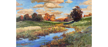 Oil landscape painting with river
