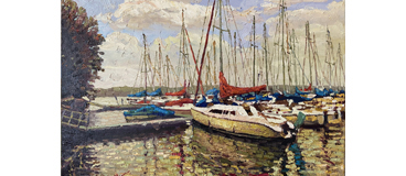 Boats at lake oil landscape painting