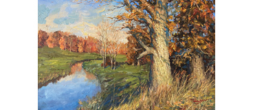 Fall landscape oil painting with trees and creeks