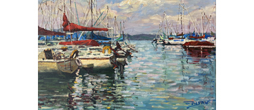 Boats at harbor oil landscape painting