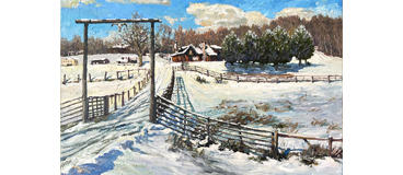 Oil landscape painting of winter farm