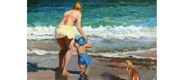 Acrylic beach painting with woman, boy, and dog