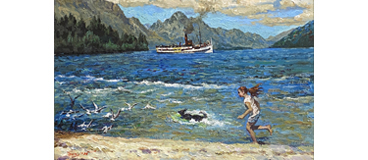 Serene beach scene in an oil painting, with people enjoying leisurely beach time.