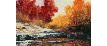 Oil landscape painting with autumn woods and creek