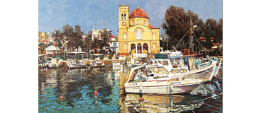 Yan Sun Seascape Painting - Greek Harbor Tranquility