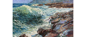 Yan Sun oil seascape painting that depicts cascading waves and rugged rocky shoreline.