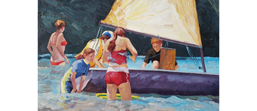 Tranquil oil painting capturing the joy of beach relaxation and boating pleasure.